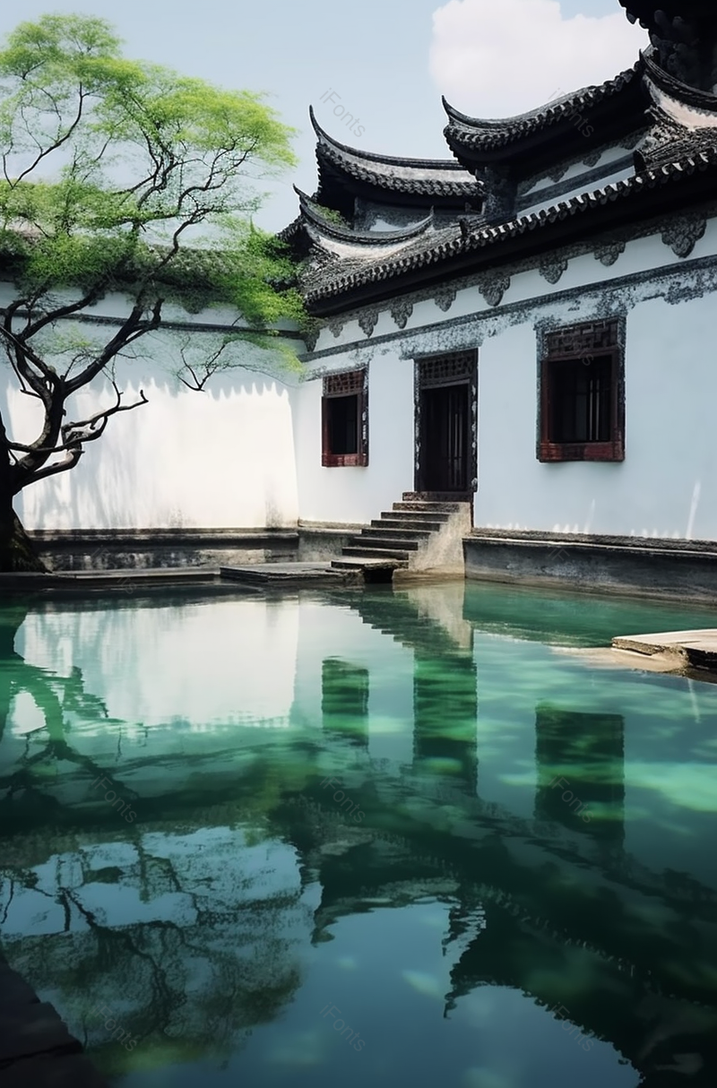 中国传统建筑院子房屋平静的水池绿色的湖水清澈见底图像摄影,高清,摄影图,摄影图片,图片大全,摄影图免费下载